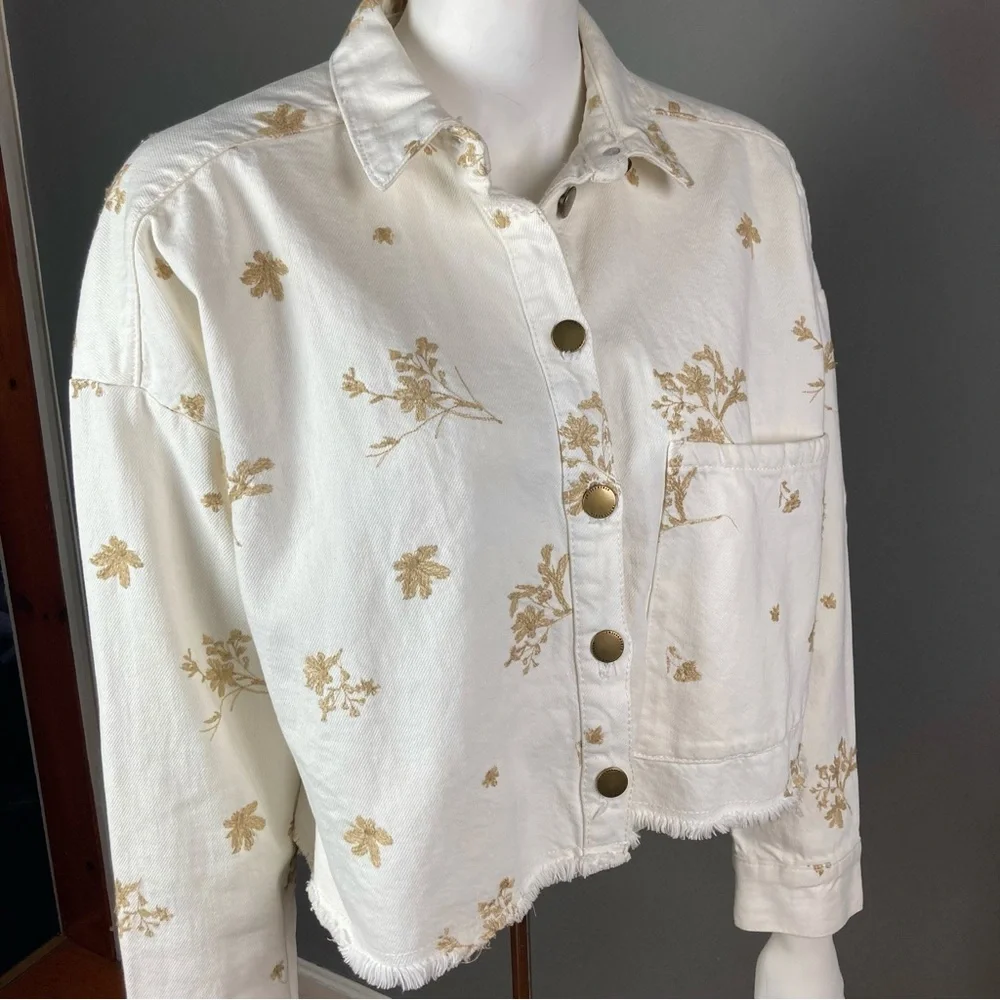 NEW Zara denim‎ jacket jean shirt white metallic floral embroidery extra small
